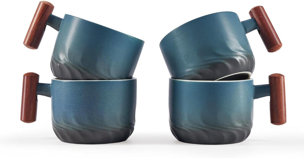2.5oz Ceramic Espresso Cups with Wooden Handle, Small Coffee Cups Double Shot Espresso Cups Set of 4
