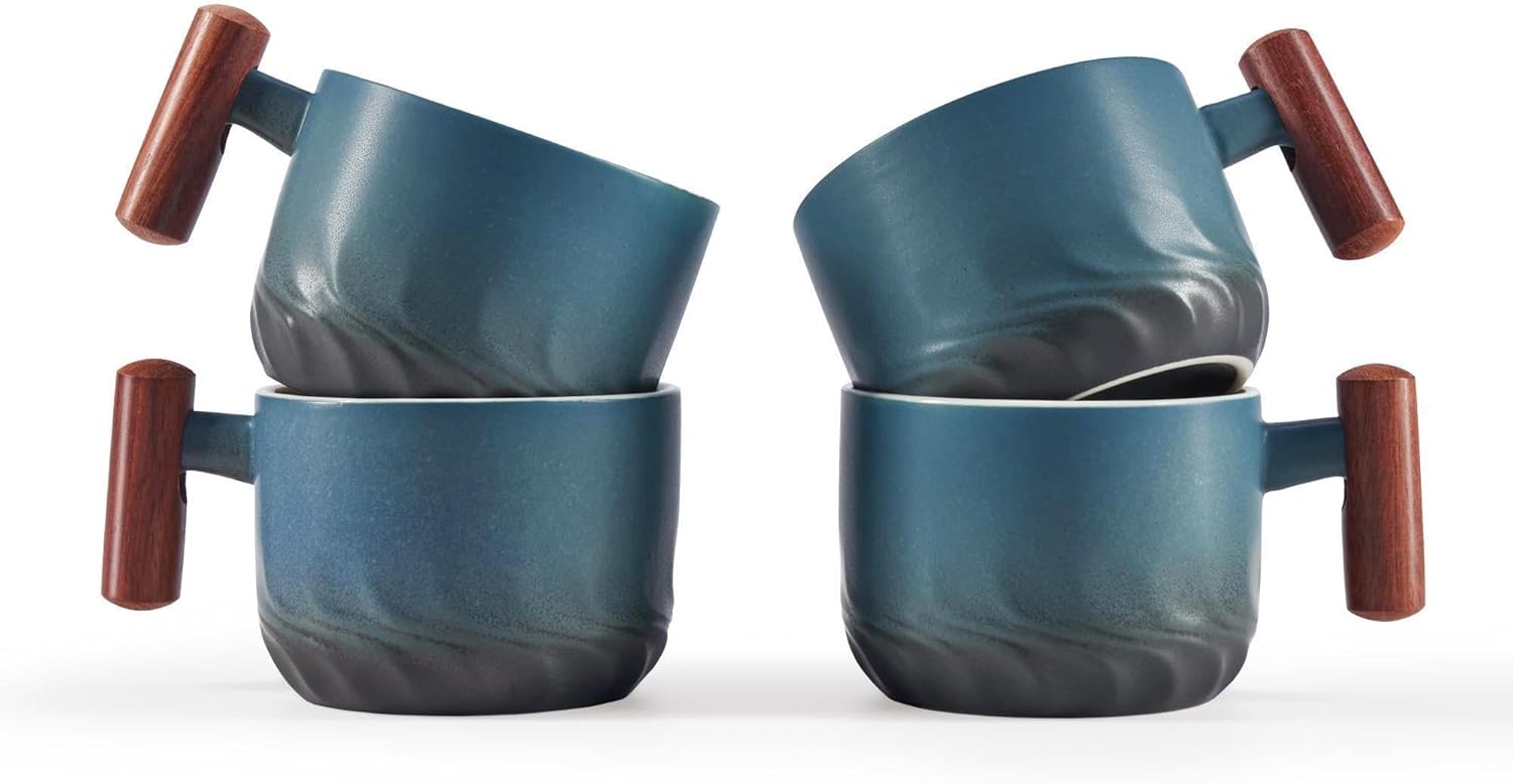 2.5oz Ceramic Espresso Cups with Wooden Handle, Small Coffee Cups Double Shot Espresso Cups Set of 4