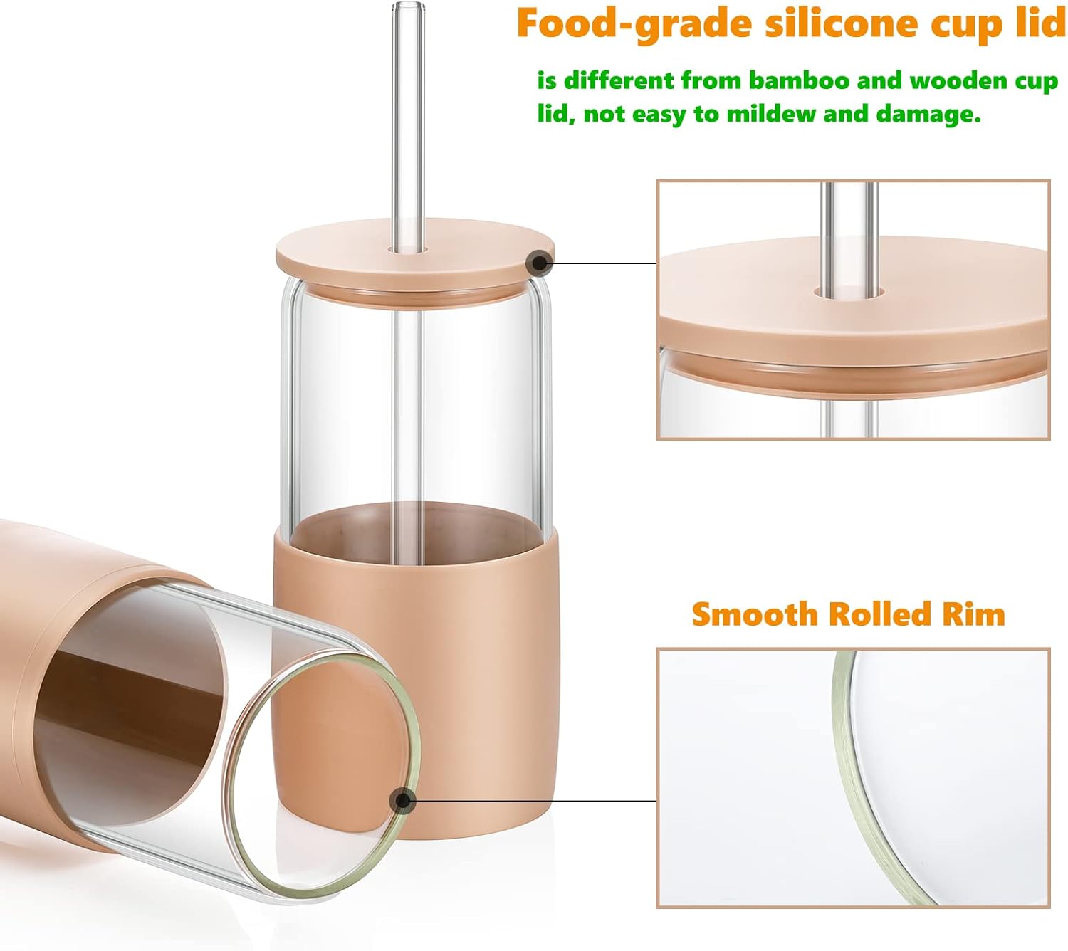 Sunseeke Glass Tumbler with Straw and Lid, 16oz Ice Coffee Cup, Silicone Sleeve Cleaning Brushes, Drinking Glasses for Water, Iced Coffee, Smoothie - BPA Free -3Pack