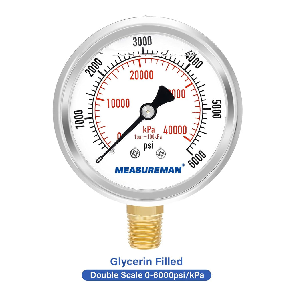 MEASUREMAN 2-1/2" Dial Size, Glycerin Filled Pressure Gauge, 0-6000psi/kpa, 304 Stainless Steel Case, 1/4" NPT Lower Mount