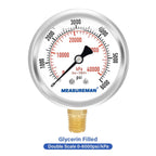 MEASUREMAN 2-1/2" Dial Size, Glycerin Filled Pressure Gauge, 0-6000psi/kpa, 304 Stainless Steel Case, 1/4" NPT Lower Mount