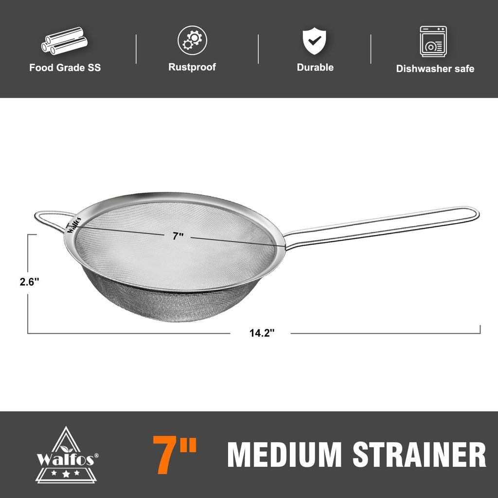 Walfos 7 Inch Fine Mesh Strainers, Premium Stainless Steel Colanders and Sifters, with Reinforced Frame and Sturdy Handle, Perfect for Sift, Strain, Drain and Rinse Vegetables, Pastas and Tea