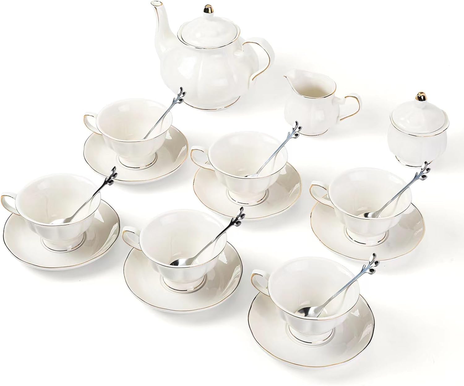 CHENP.HMC Tea Set 22-Piece Porcelain Ceramic Coffee Tea Gift Sets Cups Saucer Service for 6 Teapot Sugar Bowl Creamer Pitcher and Teaspoons (WHITE3)