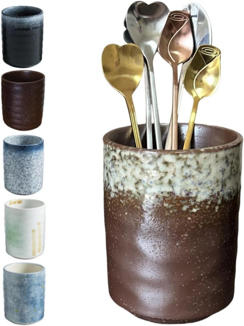 Stoneware Coffee Bar Utensil Holder Tea & Coffee Spoon & Stirrer Holder for Stir Stick Straw Teaspoon Holder Spoon Cup Small Utensil Jar (Retro Rustic Brown)