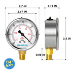 MEANLIN MEASURE -30inHG~0Psi Stainless Steel 1/4" NPT 2.5" FACE DIAL Vacuum Pressure Gauge, Lower Mount (Pack of 2), with 1/2" NPT and 3/8" NPT Hex Bushing