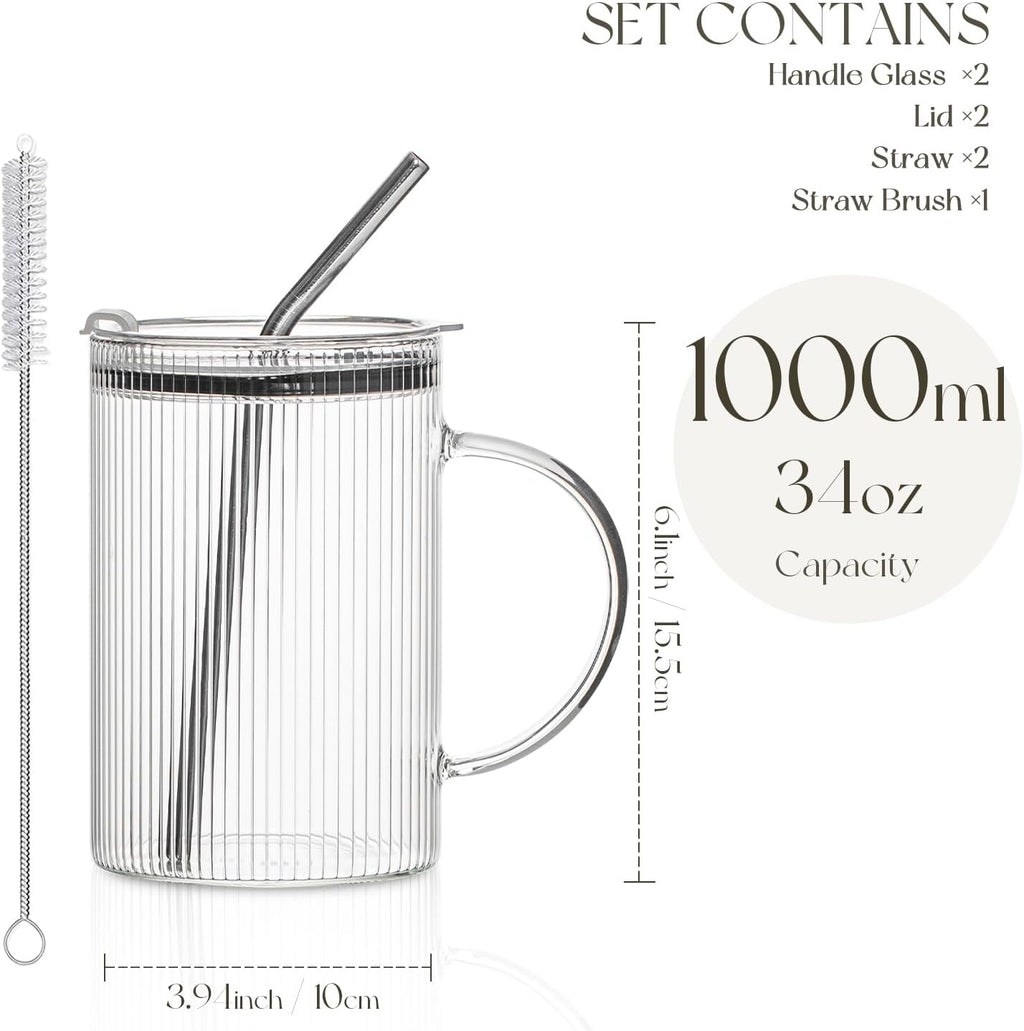 KEMORELA 2 Pack Fine-Ribbed Glass Tumblers with Handle and Lid – 1000ml / 34oz Iced Coffee Cups with Reusable Straws – Large Clear Glass Mugs for Smoothies, Juice & Daily Drinks (2 Pack-Ribbed-Fine)