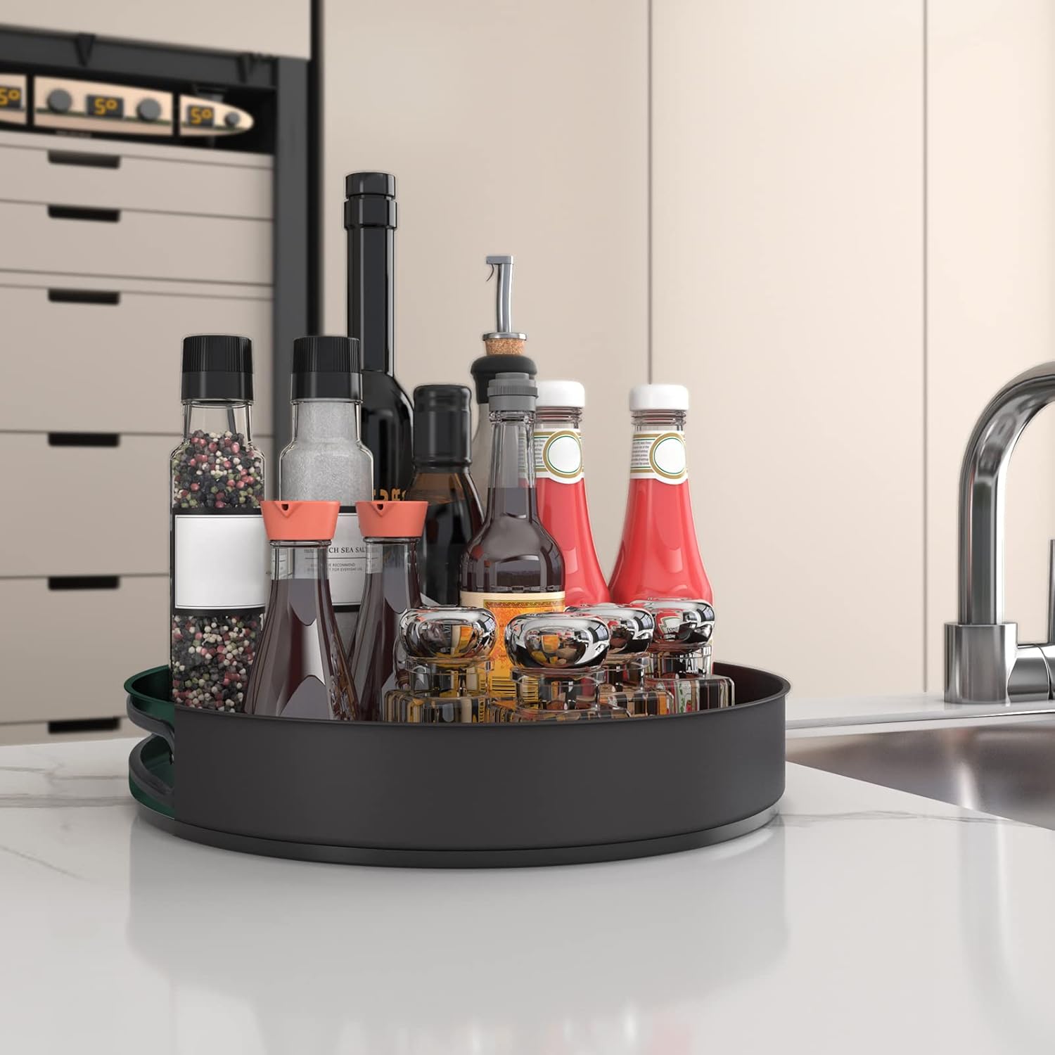 VAEHOLD Lazy Susan Stainless Steel Black Spice Rack Turntable for Pantry Cabinet - Decorative Trays Storage Containers Organizer for Kitchen Cabinet, Snacks, Bathroom (12 inches)