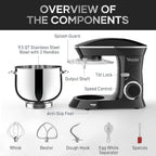 9.5 Qt Stand Mixer, 10-Speed Tilt-Head Food Mixer, Vezzio 660W Kitchen Electric Mixer with Stainless Steel Bowl, Dishwasher-Safe Attachments for Most Home Cooks(Black)