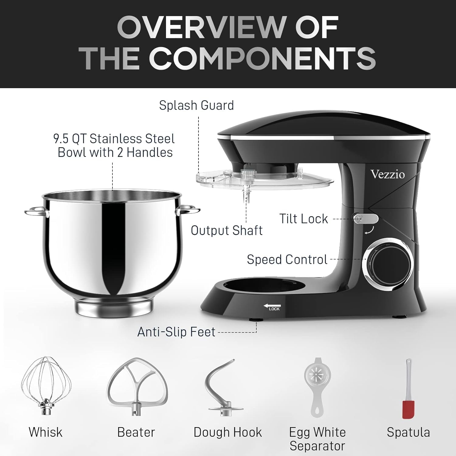 9.5 Qt Stand Mixer, 10-Speed Tilt-Head Food Mixer, Vezzio 660W Kitchen Electric Mixer with Stainless Steel Bowl, Dishwasher-Safe Attachments for Most Home Cooks(Black)