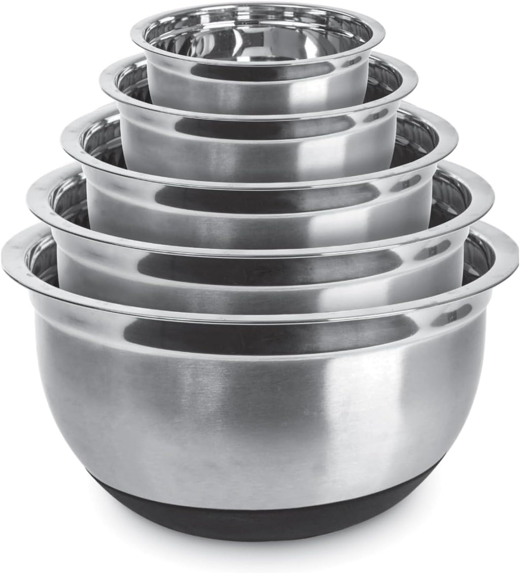 Avador Premium Stainless Steel Mixing Bowls with Lids Non-Slip, Set of 5 Mixing Bowl Set with Silicone Base, Space Saving, Great for Cooking, Baking, Prepping (0.25qt, 1qt, 1.5qt, 3qt, 5qt)