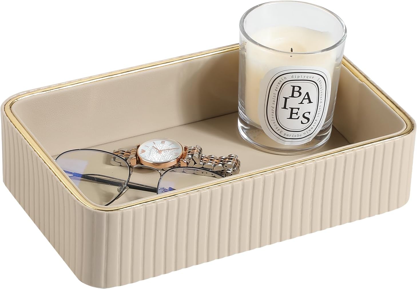 Desk Organizer Tray, PU Leather Valet Tray Nightstand Organizer Cologne Perfume Trays for Men Women, Decorative Vanity Trays Key Bowl Trinket Dish (Beige, 9.5" x 6" x 2.2")