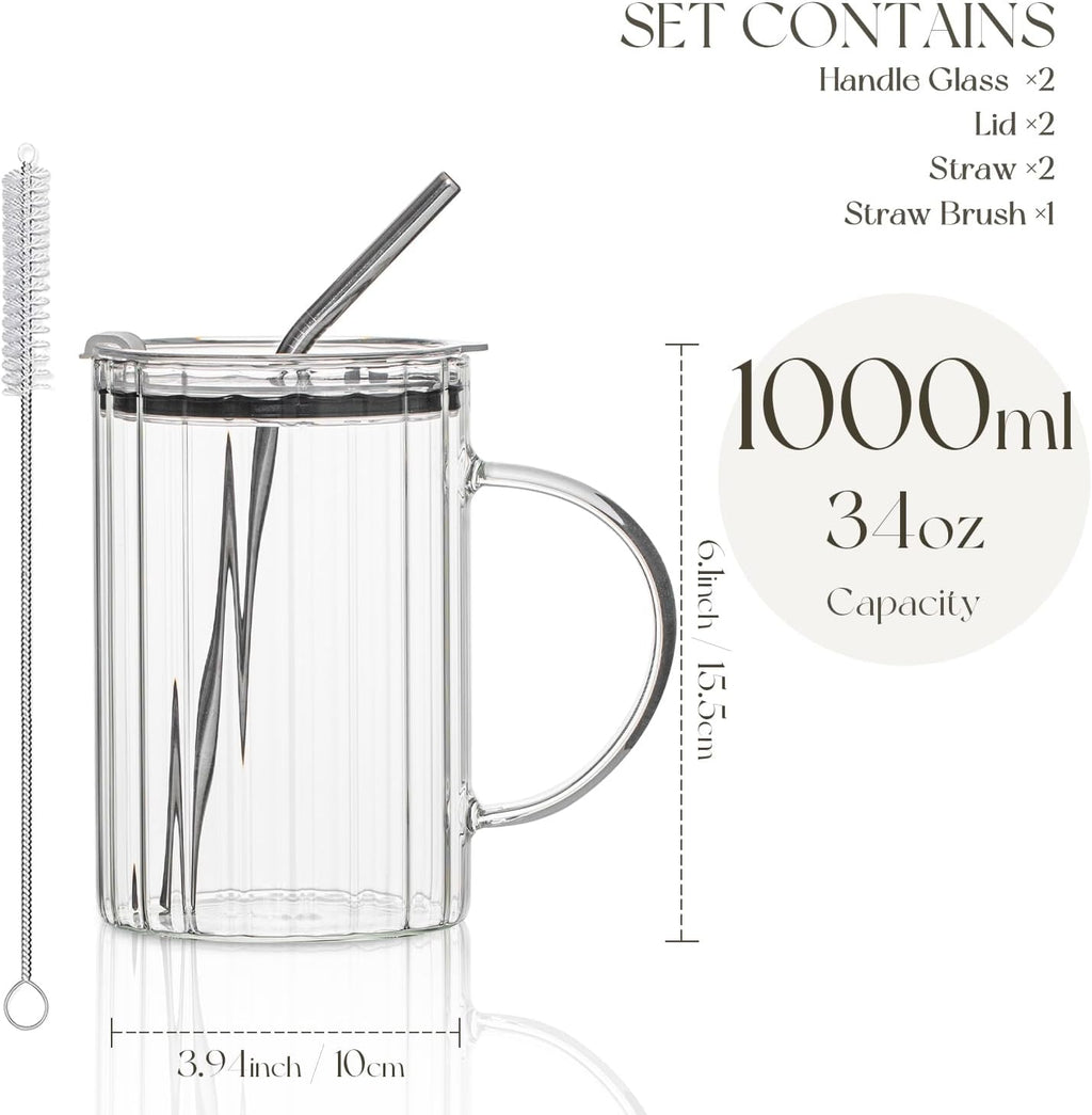 KEMORELA Large Ribbed Glass Tumbler with Handle & Lid, 2‑Pack 1000 ml / 34 oz Glass Cups with Reusable Straw – Thickened Ribbed Glass Mug for Iced Coffee, Juice, Smoothie & Cold Drinks