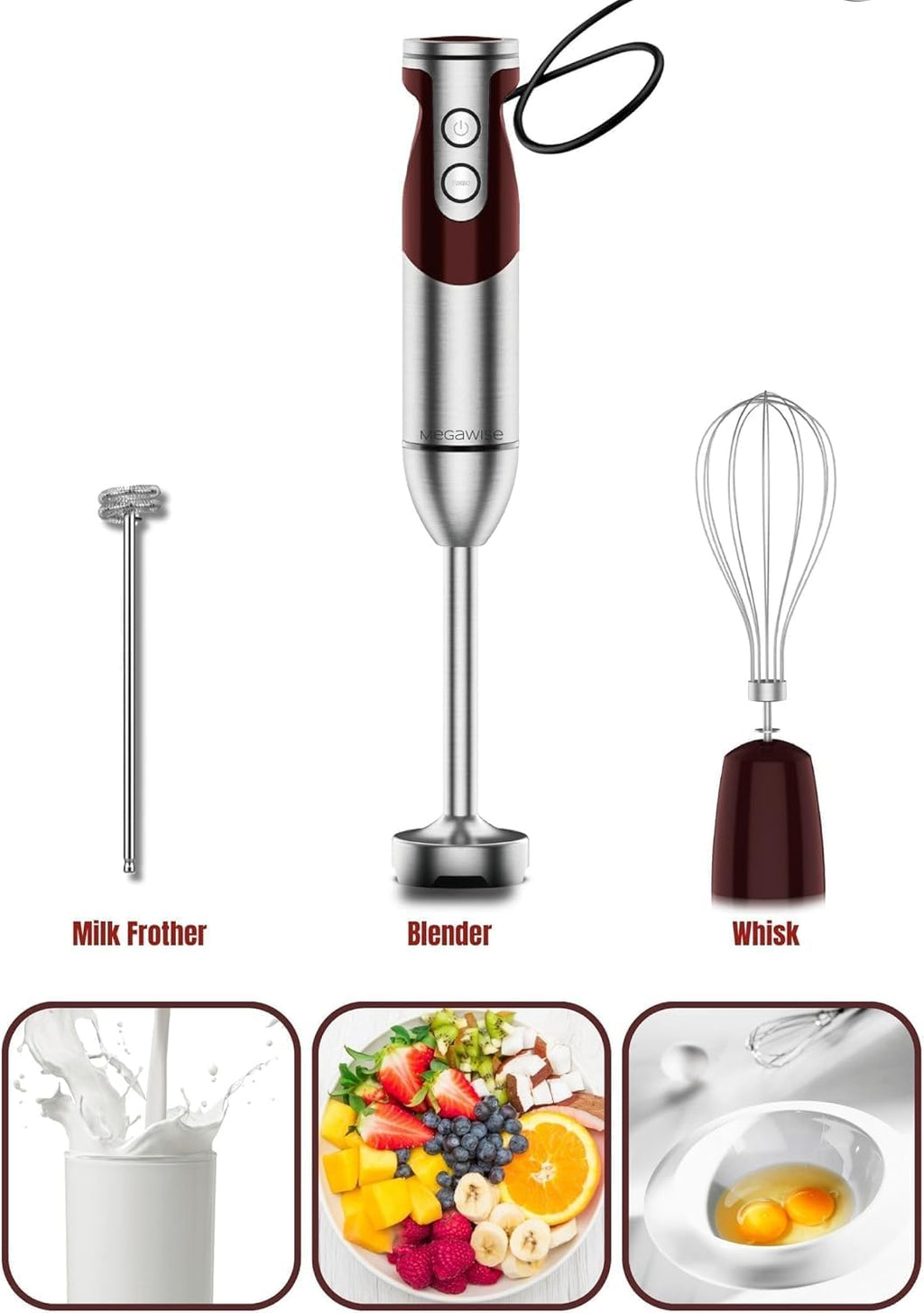 3-in-1 Immersion Hand blender, Powerful MOTOR & Stainless Steel Stick Blender, 4 Sharpe Blades with Whisk, Milk Frother Attachments