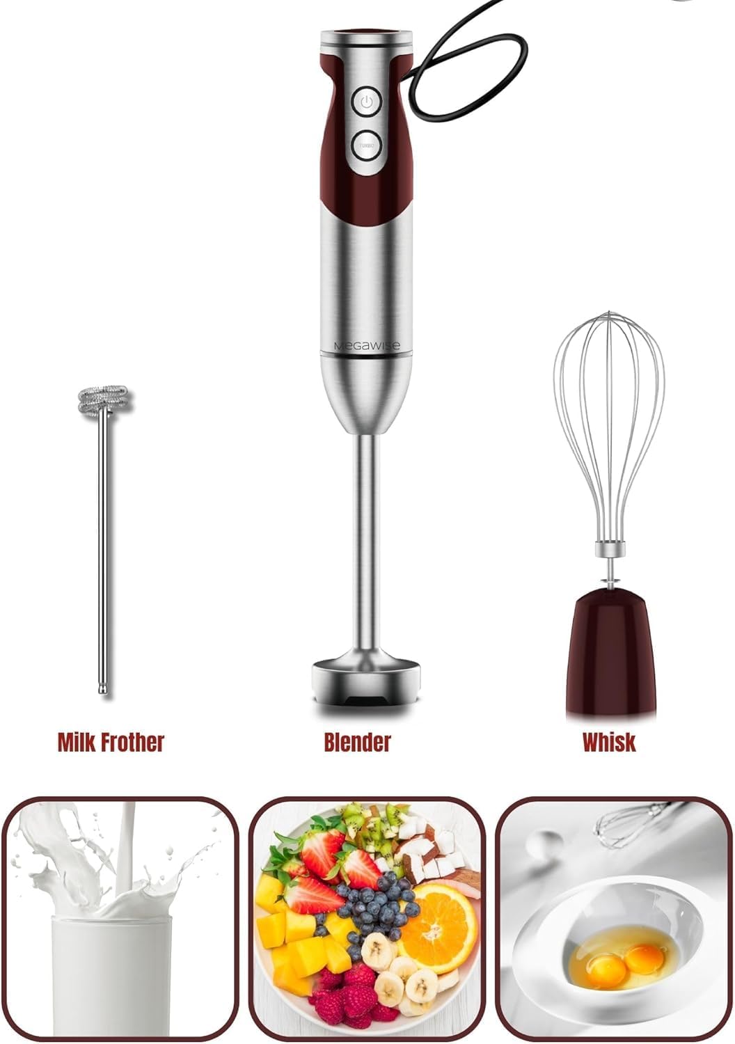 3-in-1 Immersion Hand blender, Powerful MOTOR & Stainless Steel Stick Blender, 4 Sharpe Blades with Whisk, Milk Frother Attachments