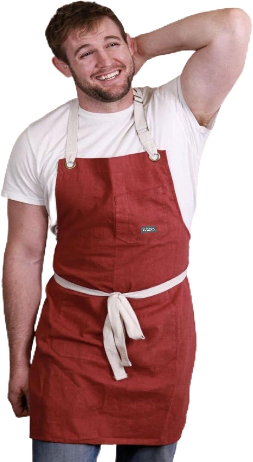 Caldo Linen Kitchen Apron for Cooking - Mens and Womens Linen Bib Apron (Burgundy)