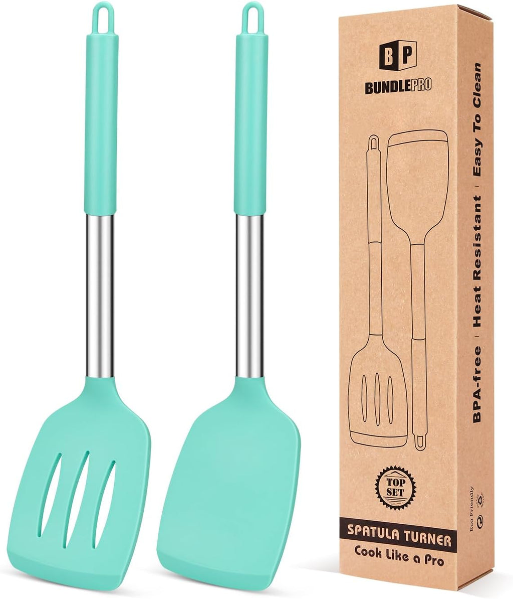 Pack of 2 Silicone Solid Turner, Non Stick Slotted Kitchen Spatulas, High Heat Resistant BPA Free Cooking Utensils, Ideal Cookware for Fish, Eggs, Pancakes(Green)