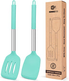 Pack of 2 Silicone Solid Turner, Non Stick Slotted Kitchen Spatulas, High Heat Resistant BPA Free Cooking Utensils, Ideal Cookware for Fish, Eggs, Pancakes(Green)