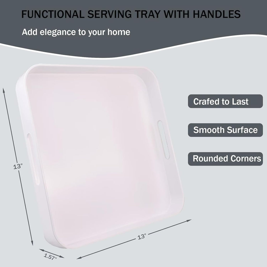 Square White Decorative Serving Tray with Handles, Versatile Ottoman Tray for Coffee Table, Entertaining, Outdoor Patio, Living Room, 13”*13”*1.6”