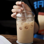 16oz Glass Cup with Glass Lid & Straw - Drinking Glasses for Iced Coffee, Bubble Tea, Matcha, Smoothie, Soda, Water - BPA-Free Glassware with Cleaning Brush, Dishwasher Safe