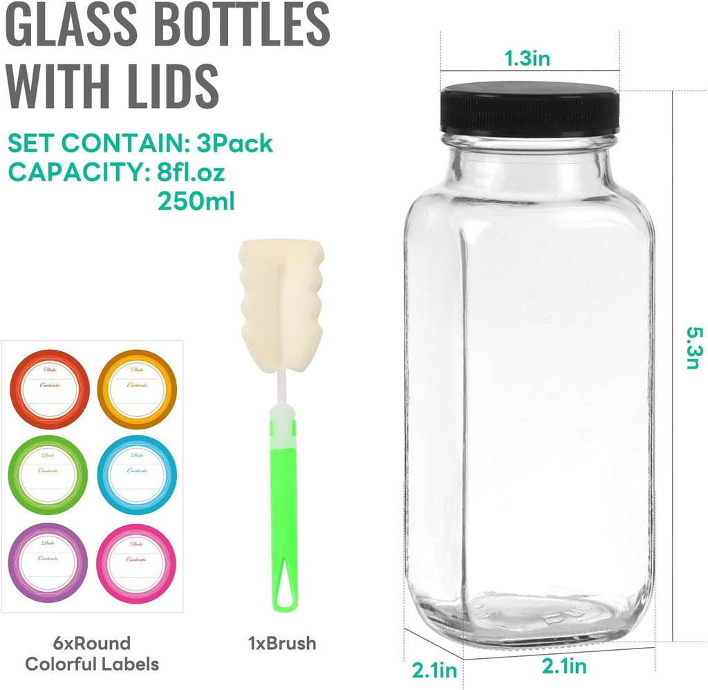 8 oz Glass Juice Bottles with Lids 3 Pack,Reusable Glass Drink Bottles,250ml Water Drinking Jars for Milk,Juicing,Kombucha,Ginger,Beverage Glassware,Juice Drinking Jars