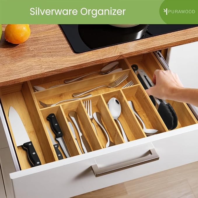 Bamboo Drawer Organizer, 2 Pack - Expandable Silverware Organizer & Utensil Drawer Organizer, Cutlery Tray with Dividers, 7-9 Slots - Premium Kitchen Organizer for Utensils & Flatware (Natural)