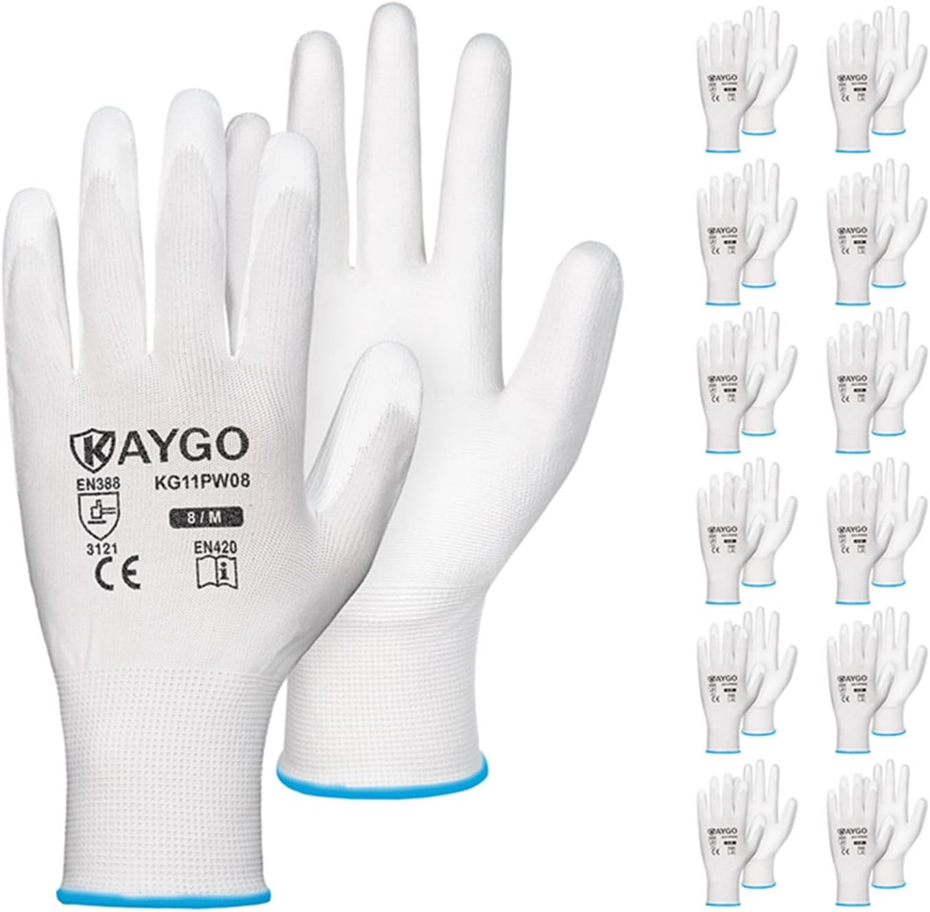 KAYGO Safety Work Gloves PU Coated-12 Pairs, KG11PB, Seamless Knit Glove with Polyurethane Coated Smooth Grip on Palm & Fingers, for Men and Women, Ideal for General Duty Work (Medium, White)