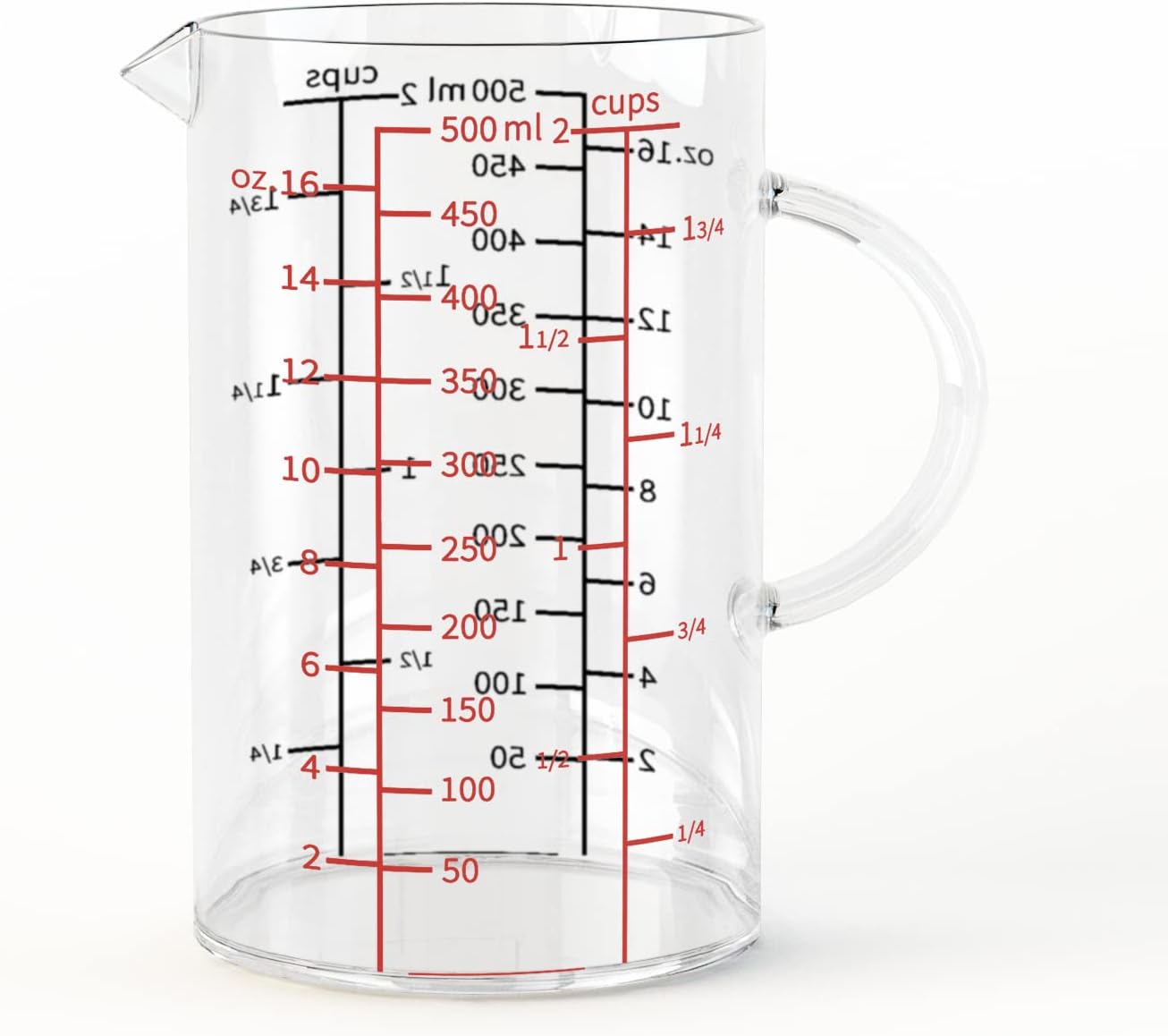 77L Glass Measuring Cup, [Double-Sided Measuring Scale, Insulated handle, V-Shaped Spout], High Borosilicate Glass Measuring Cup for Kitchen or Restaurant, Easy To Read, 500 ML (0.5 Liter, 2 Cup)