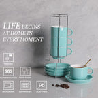 Sweejar Porcelain Cappuccino Cups with Saucers and Metal Stand, 8 Ounce Stackable Espresso Cups for Specialty Coffee Drinks, Latte, Americano, Tea - Set of 4 (Turquoise)