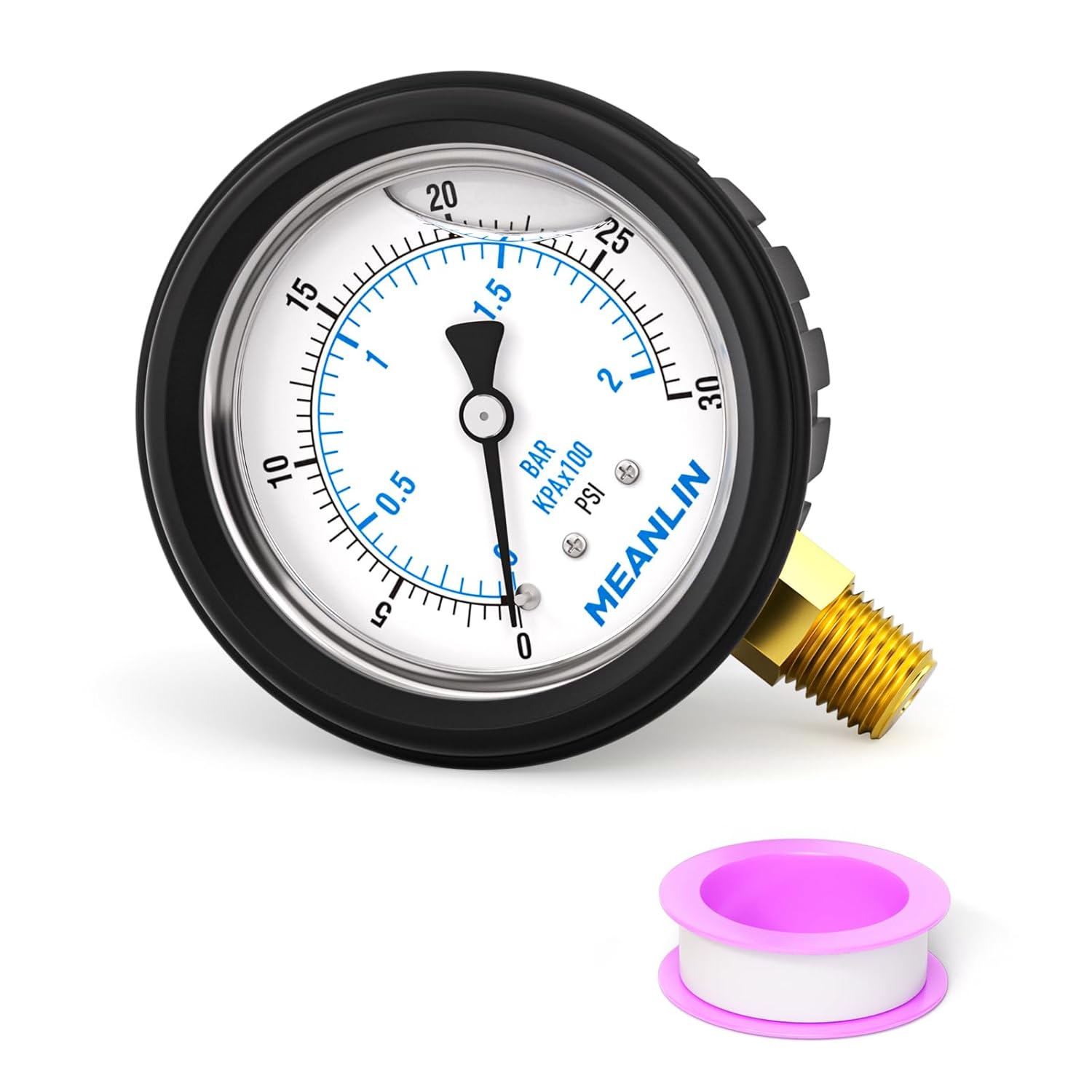 MEANLIN MEASURE 0~30Psi Stainless Steel Liquid Filled Pressure Gauge 1/4" NPT 2.5" FACE DIAL with Rubber Protective Sleeve, Lower Mount