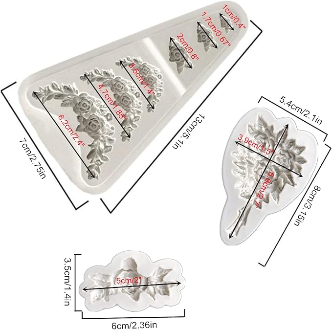 3Pcs Rose Wreath Flower Bouquet Leaves Fondant Molds for Wedding Cake Decorating Cupcake Topper Candy Chocolate Gum Paste Polymer Clay