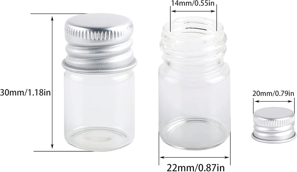 MaxMau Mini Glass Bottles with Screw Caps 5ml 24 Sets Aluminum Top Metal Lids 5 Milliliter Tiny Vials Small Jars DIY Storage Art Craft Decor