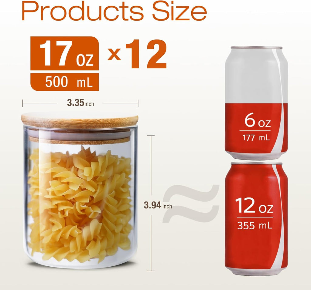 Glass Jars with Bamboo Lids 17 FL OZ [Set of 12], Glass Canisters with Airtight Lids, Glass Food Storage Containers for Spice, Coffee, Sugar, Tea, Candies, Cookies,Best for Kitchen & Pantry