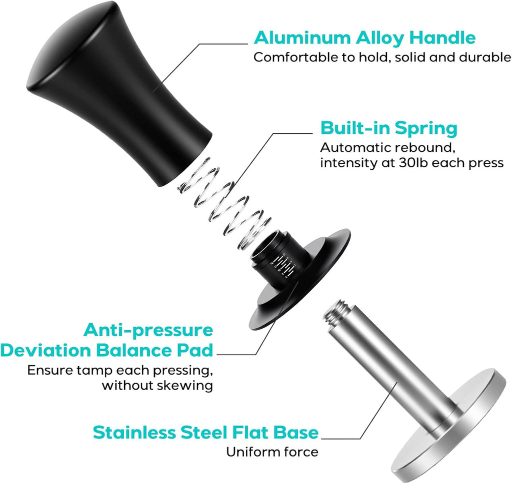 CASABREWS Black Espresso Coffee Tamper 51mm – Heavy-Duty 30lb Calibrated Tamper with Flat Stainless Steel Base, Spring Mechanism for Even Pressure, Compatible with 51mm Portafilter