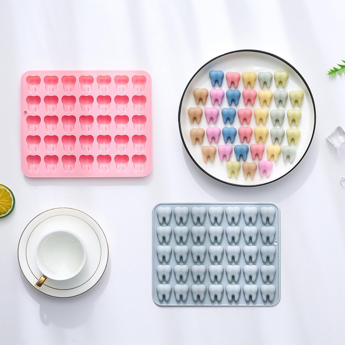 Unique Tooth Shape Candy, Chocolate Silicone Molds Set, 70 Cavity, Non Stick Mold for Gummy, Cupcake Topper, Snack, Biscuit, Handmade Diy, 2 Count, Pink