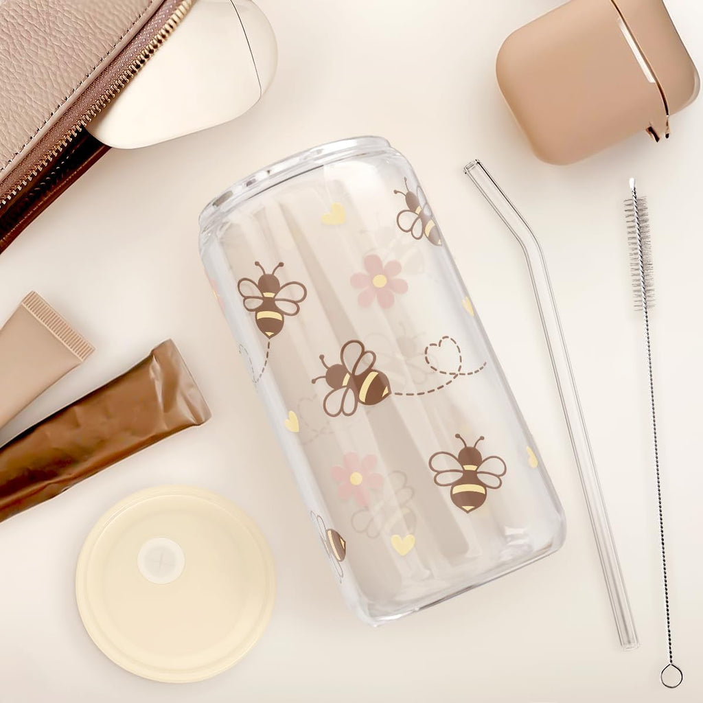 Bee 16oz Can Glass Tumbler with Acrylic Lid & Straw - Iced Coffee Cup for Women Girls, Aesthetic Cups Gifts for Birthday Christmas