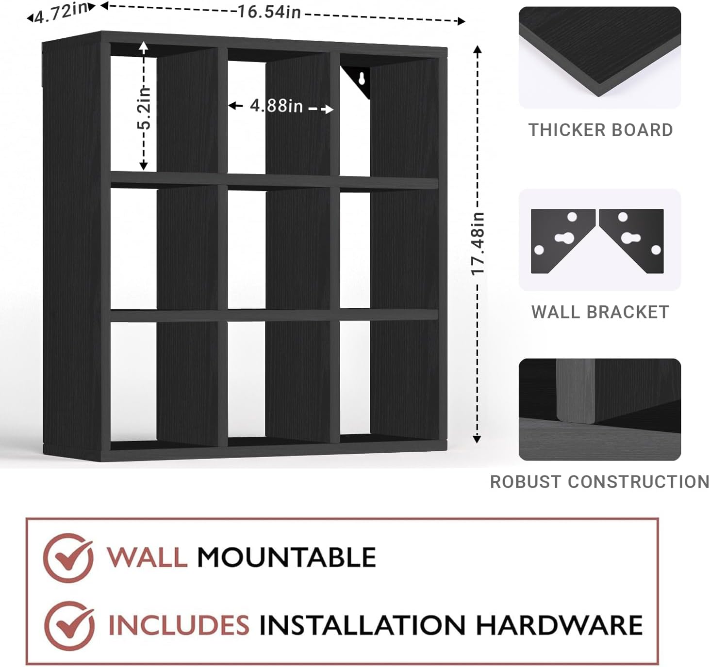 Helsin 9 Grid Vintage Coffee Mug Display Rack, 16inch Wall Mounted Wooden Curio Shadow Box Shelf, Cup Floating Shelves Display and Organizer (Black)