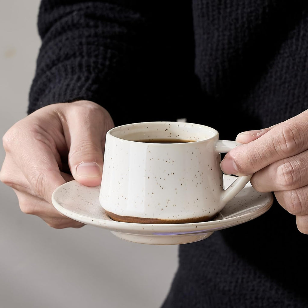 SIDUCAL Stackable Cappuccino Cup Set of 6 [4 oz] Ceramic Coffee Cups with Saucers and Cup Holder,Microwave/Dishwasher Safe,Espresso Demitasse Cups(White)