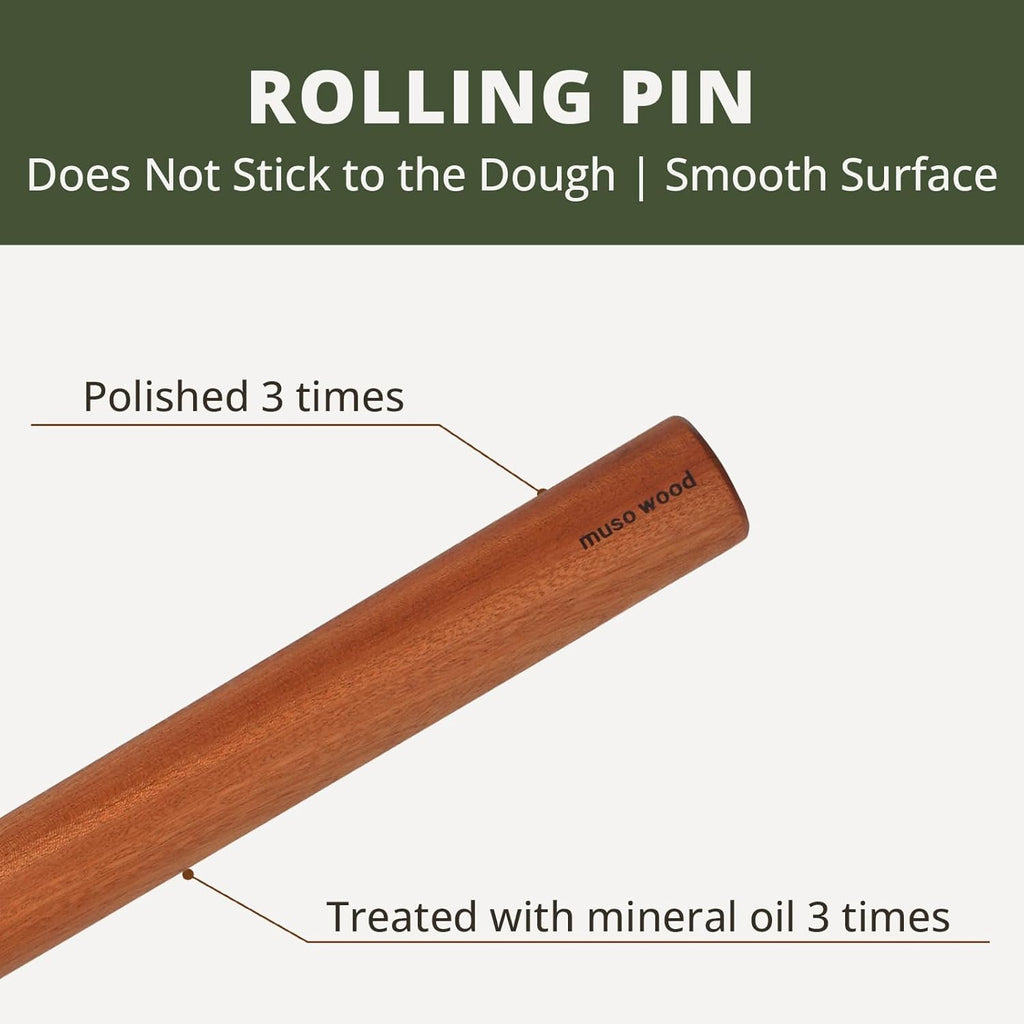 Muso Wood Sapele Wooden Dowel Rolling Pin for Baking,Tapered Roller for Fondant, Pie Crust, Cookie, Pastry (Dowel 17.5inch)