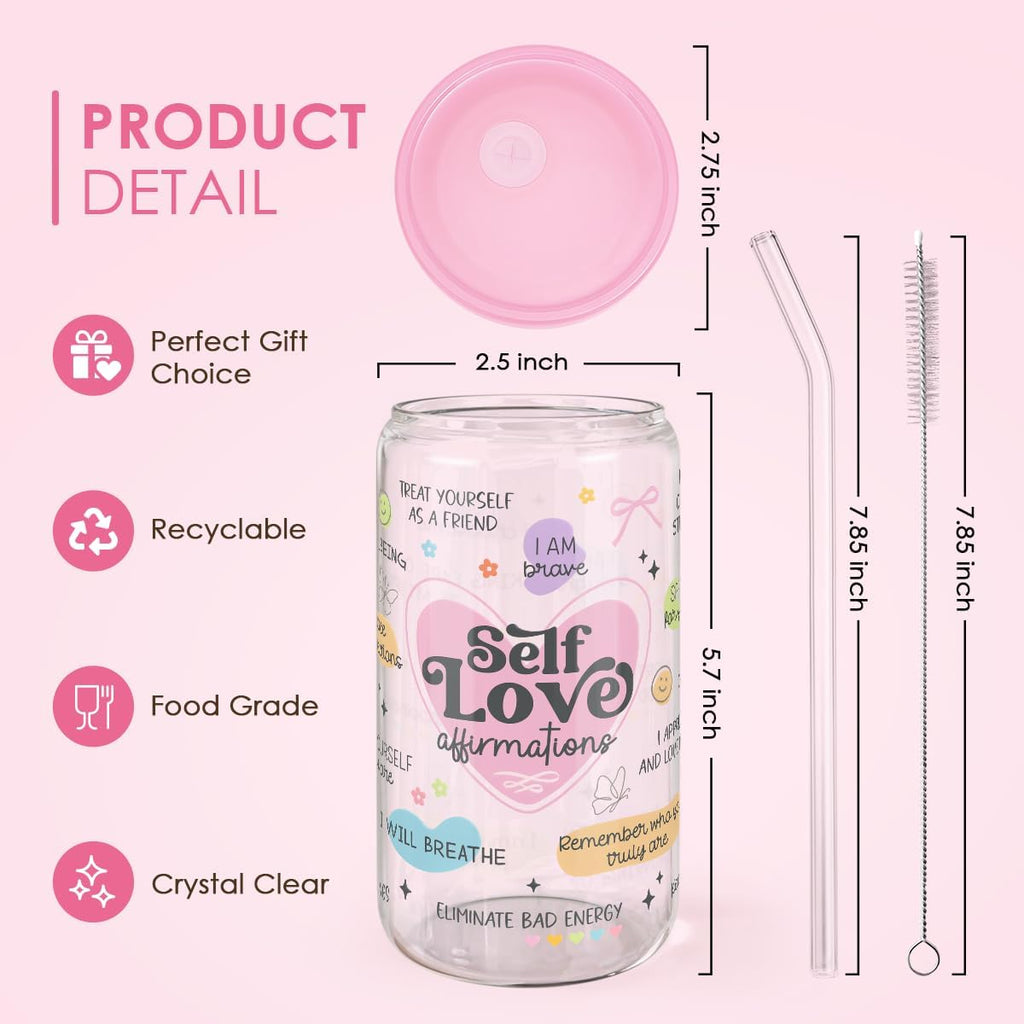 SANDJEST Inspiration Glass Can, Self Love Iced Coffee Aesthetic Cup, Gifts for Christmas Birthday, Gift for Women Girls, 16oz