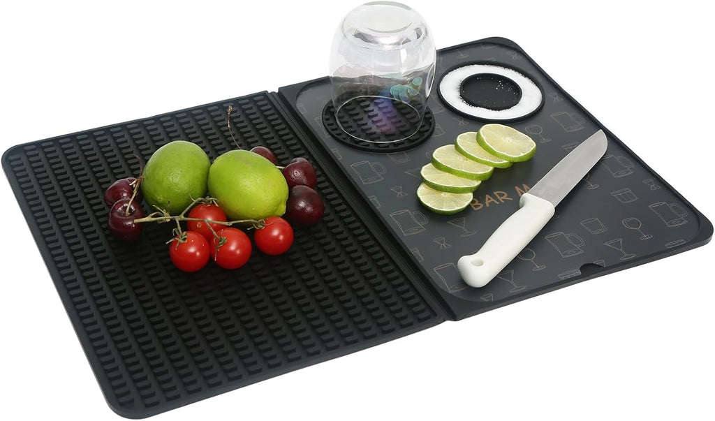 Foldable Bar Mat 18x12 inch - 3-in-1 Silicone Drying Mat with Removable Cutting Board & Rim Tray | Countertop Protector for Home, Outdoor, Travel | Professional Cocktail Accessories (Black)