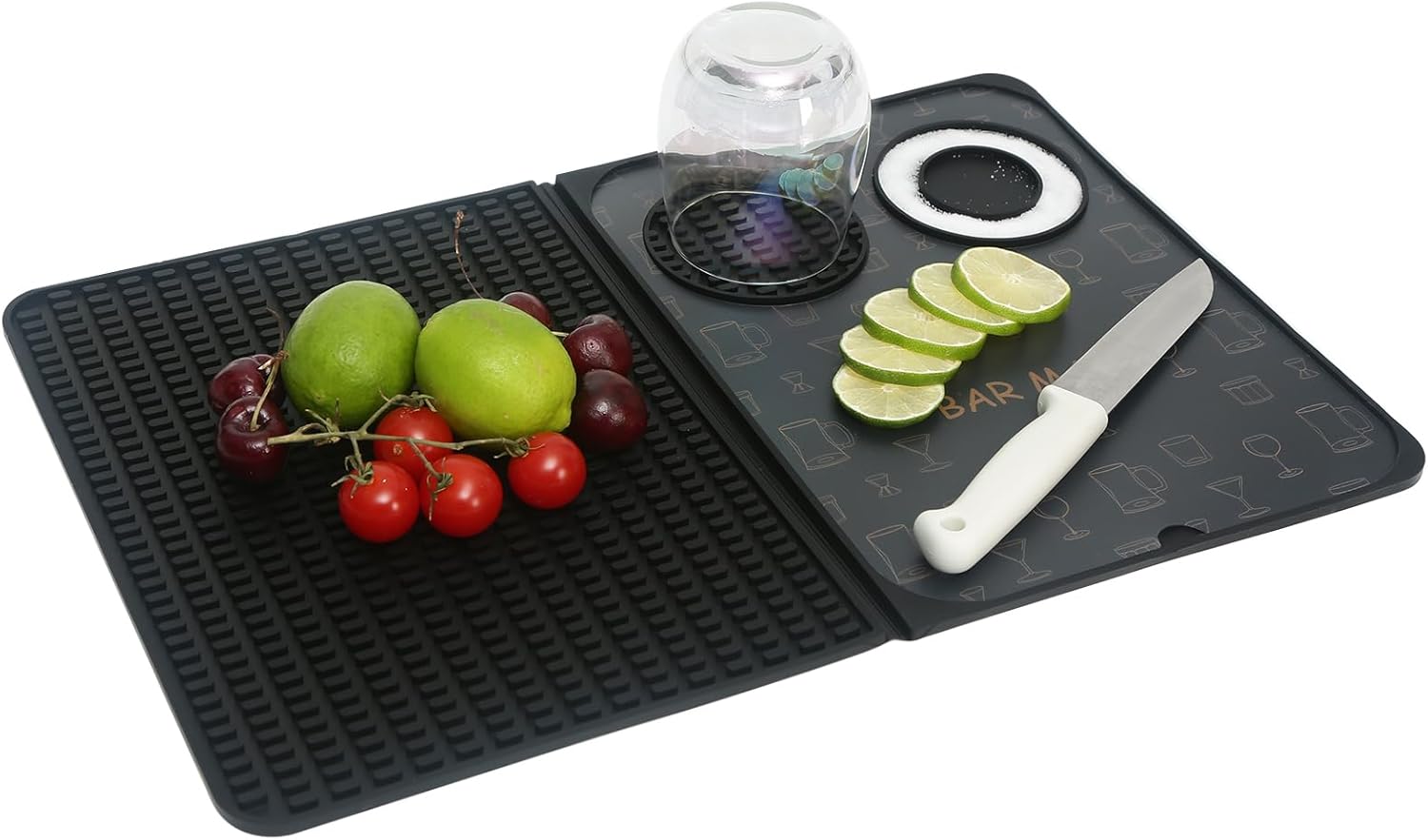 Foldable Bar Mat 18x12 inch - 3-in-1 Silicone Drying Mat with Removable Cutting Board & Rim Tray | Countertop Protector for Home, Outdoor, Travel | Professional Cocktail Accessories (Black)