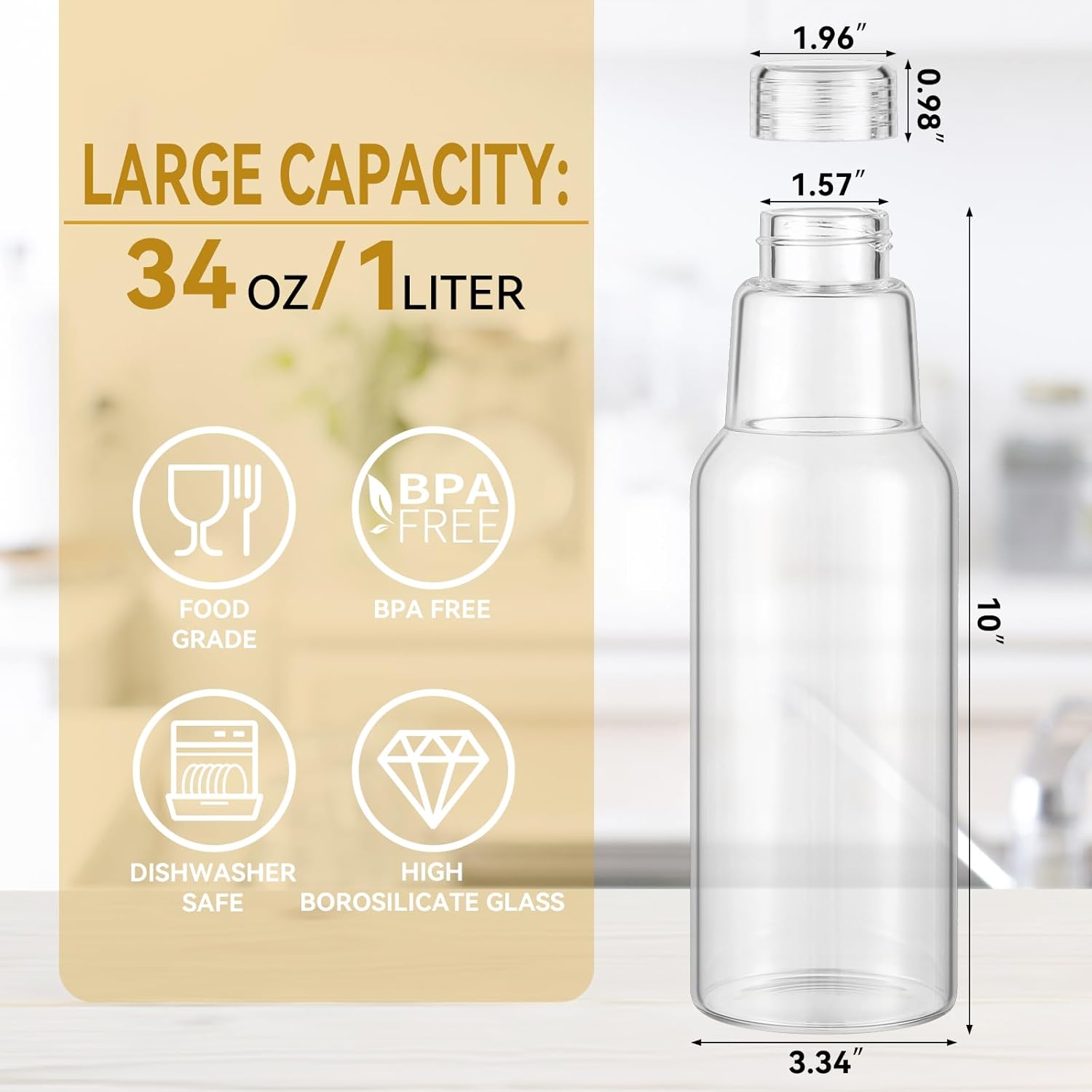 34 Oz Glass Juice Bottles with Lids, Glass Bottles, BPA Free, Borosilicate Glass for Juicing, Smoothies, Infused Water, Beverage Storage, Shaker Bottles (1 Pack)