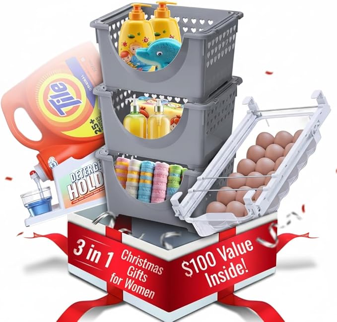 Skywin TidyFriend 3 in 1 Home Organization Kit – Stackable Storage Bins, Laundry Detergent Stand & Refrigerator Egg Drawer, Perfect Holiday Gift for Moms, Homemakers & Home Organization Lovers