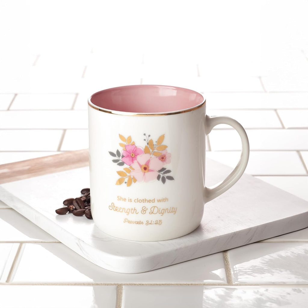 Christian Art Gifts Pink Ceramic Coffee Mug with Gold Rim – 14 oz. Lead and Cadmium-free Inspirational Scripture Coffee and Tea Mug for Women with Bible Verse: Strength and Dignity – Proverbs 31:25