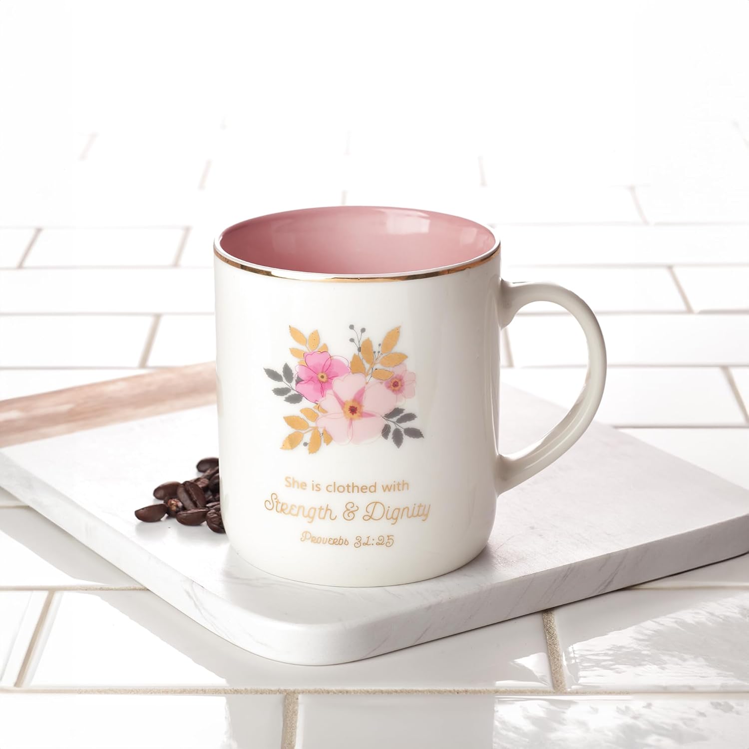 Christian Art Gifts Pink Ceramic Coffee Mug with Gold Rim – 14 oz. Lead and Cadmium-free Inspirational Scripture Coffee and Tea Mug for Women with Bible Verse: Strength and Dignity – Proverbs 31:25