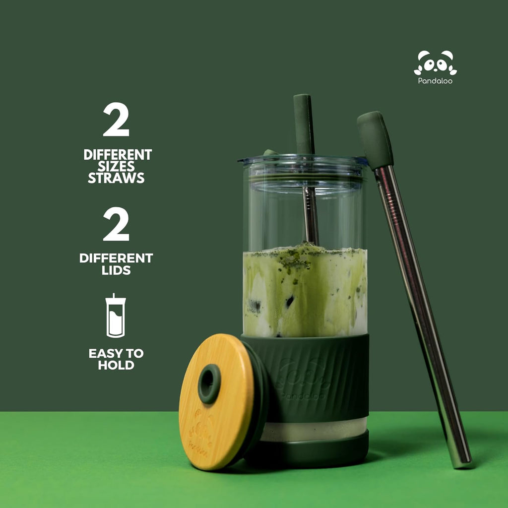 Pandaloo® Glass Cups With Lids and Straws -20 Fl Oz- Perfect Size Iced Coffee Cup - Smoothie Cup With Bamboo Lid and On the go Lid (Sweet Sage, 1 Count (Pack of 1)