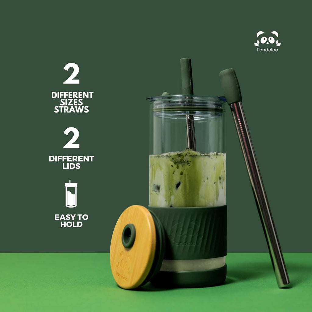 Pandaloo® Glass Cups With Lids and Straws -20 Fl Oz- Perfect Size Iced Coffee Cup - Smoothie Cup With Bamboo Lid and On the go Lid - Glass Tumbler With Straw (1 Count (Pack of 1), Autumn Gold)