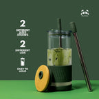 Pandaloo® Glass Cups With Lids and Straws -20 Fl Oz- Perfect Size Iced Coffee Cup - Smoothie Cup With Bamboo Lid and On the go Lid - Glass Tumbler With Straw (1 Count (Pack of 1), Autumn Gold)