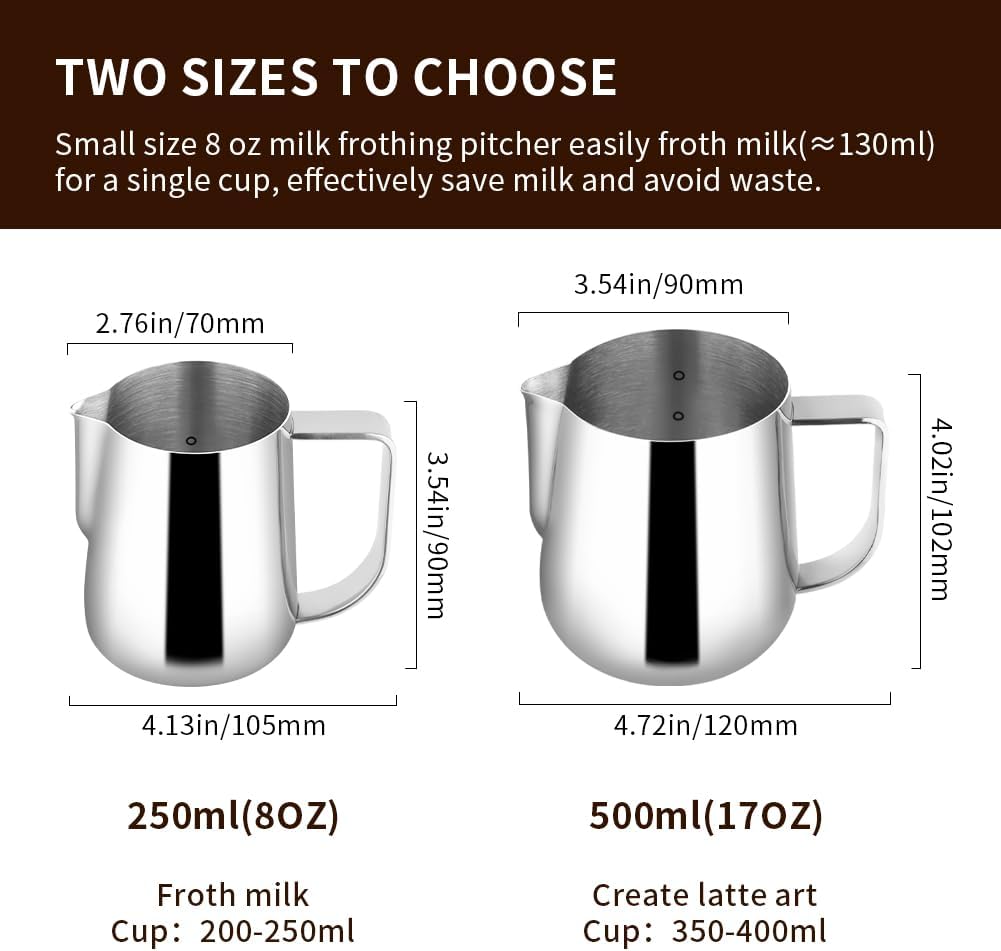 watchget Milk Frothing Pitcher 500ml/17oz Stainless Steel Espresso Steaming Pitcher Milk Coffee Cappuccino Latte Art Barista Steam Pitcher Milk Frothing Jug