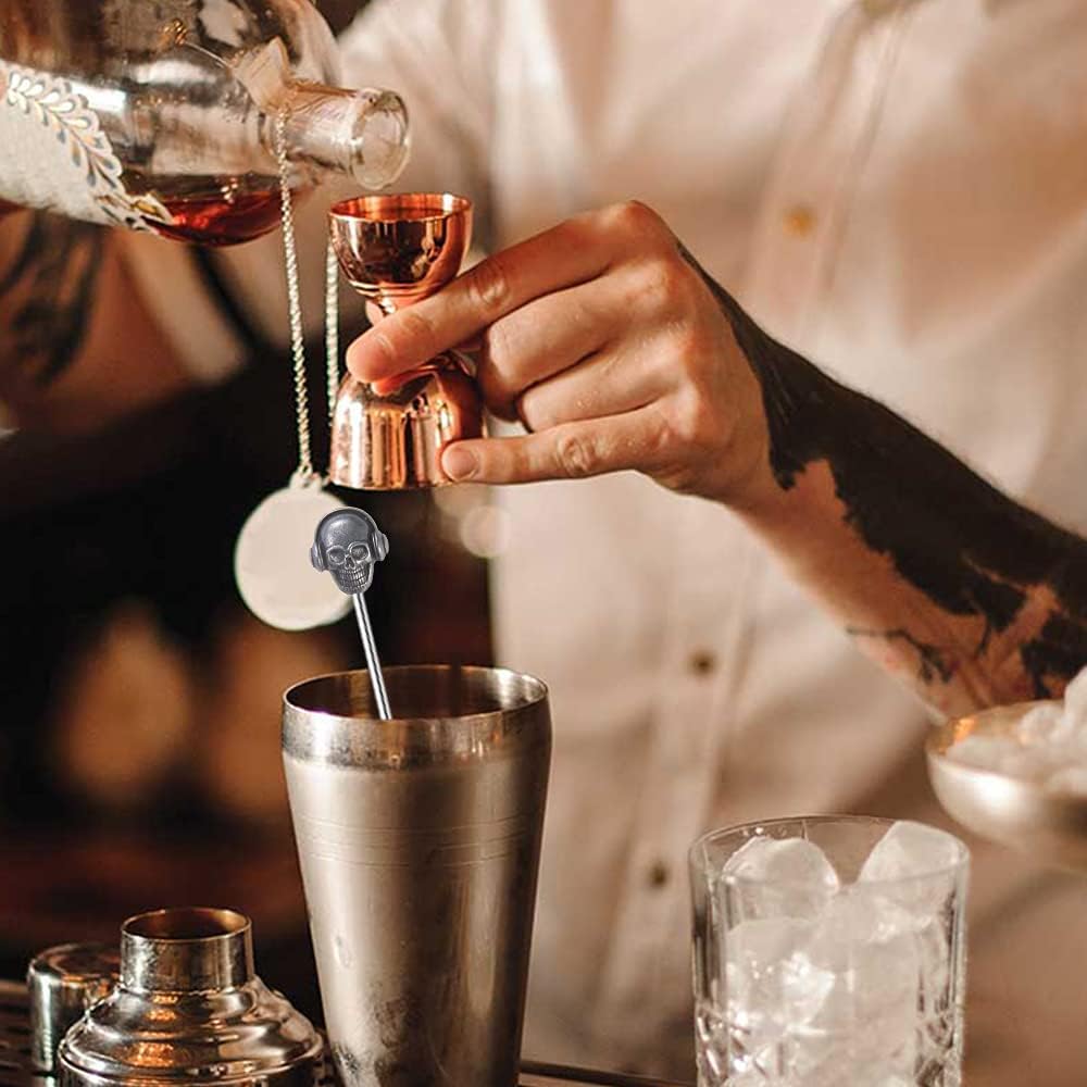 Skull Shape Swizzle Sticks, Reusable Stainless Steel Coffee Beverage Stirrers Cocktail, 5-Pack Drink Stir Sticks for Bar Party Home Office (Ancient Silver)